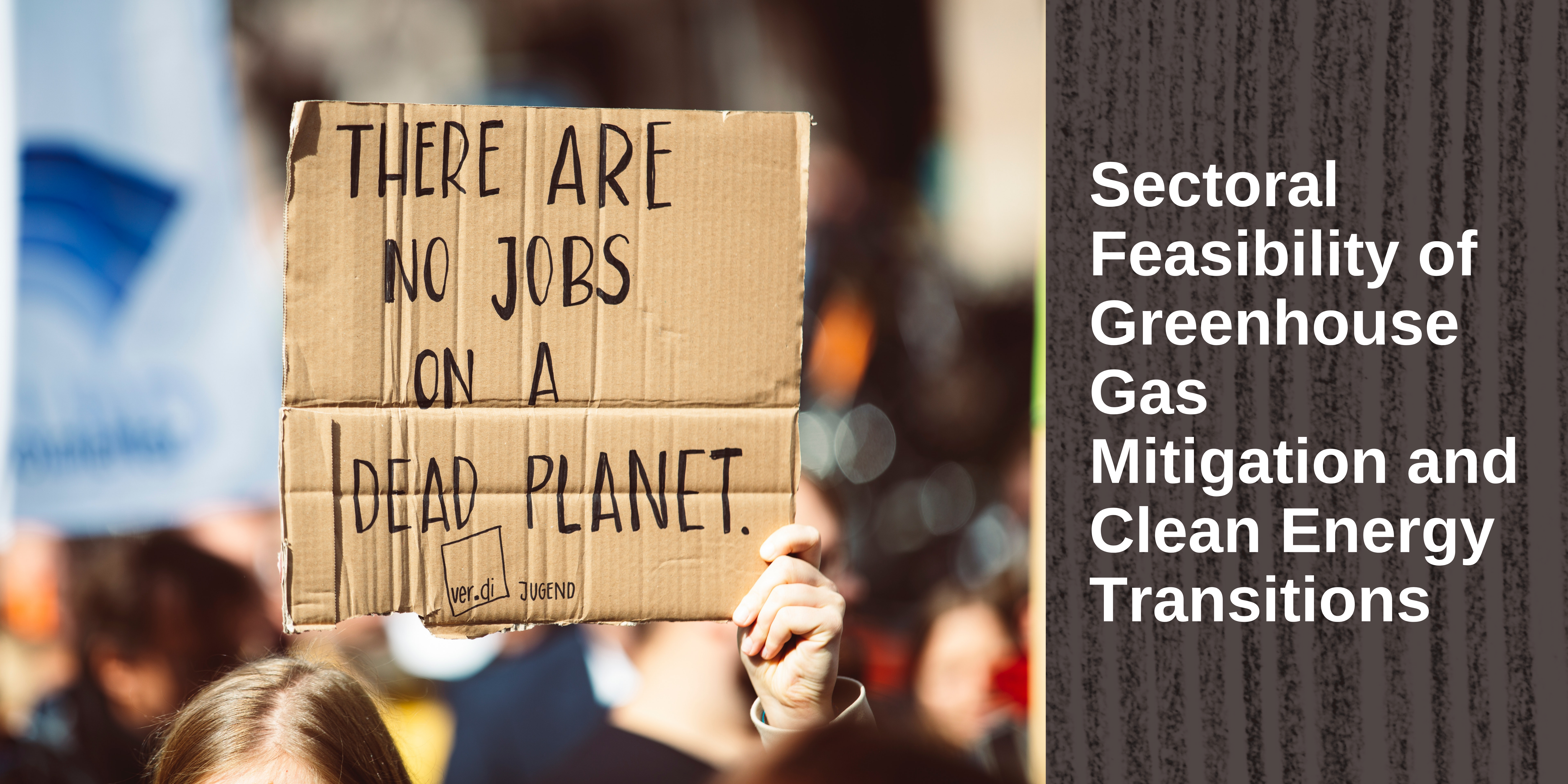 Protest Sign: There are no jobs on a dead planet with title - Sectoral Feasibility of Greenhouse Gas Mitigation and Clean Energy Transitions