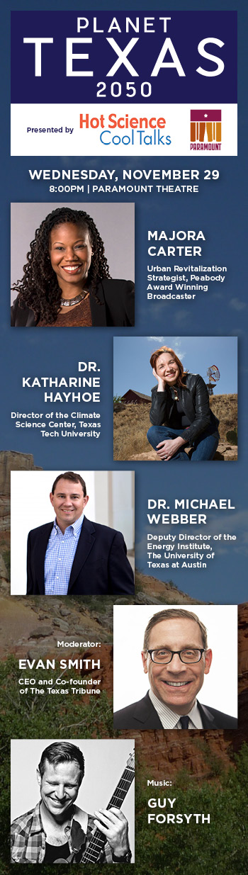 event flyer showing headshots of Majora Carter, Katherine Hayhoe, Michael Webber, Even Smith and Guy Forsyth