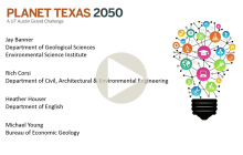 Title slide from the Planet TX 2050 presentation at UT Energy Symposium, showing an illustration of a lightbulb made of energy- and education-related icons