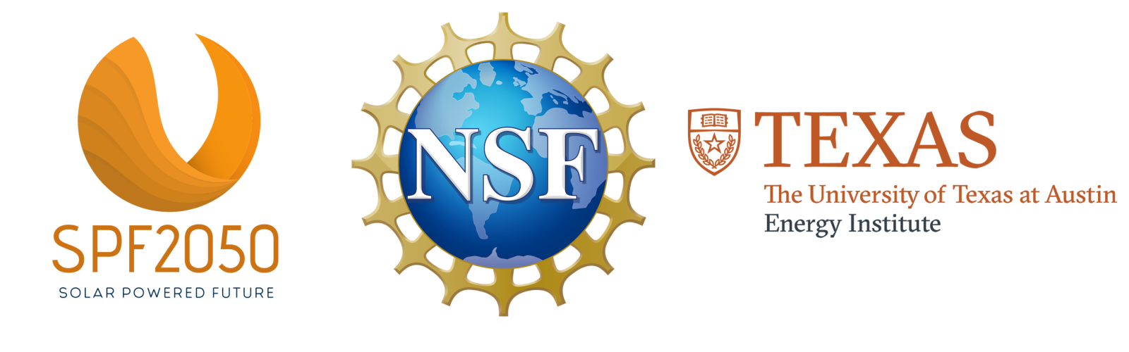 Logos for SPF 2050, the NSF and the UT Energy Institute