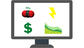 graphic illustrating a web dashboard comprised of charts, a CO2 molecule, land lightening bolt