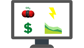 graphic illustrating a web dashboard comprised of charts, a CO2 molecule, land lightening bolt