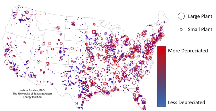 Location and depreciated status of all U.S. power plants. Joshua Rhodes, EIA Form 860 data.