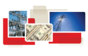 photo collage from cover of white paper, showing transmission lines and money