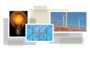 photo collage from cover of white paper, showing light bulb, transmission tower and wind turbines