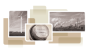 photo collage from cover of white paper, showing electricty meter, wind turbine and smokestacks