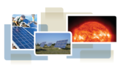 photo collage from cover of white paper, showing solar panel installation, solar array and the sun