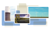 photo collage from cover of white paper, showing wind turbines, cooling tower and dam