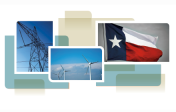 photo collage from cover of white paper, showing transmission tower, wind turbines and Texas state flag