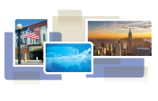 photo collage from cover of white paper, showing American flag on lamp post, map of US, city skyline