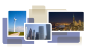 photo collage from cover of white paper, showing wind turbines, skyscrapers, and city skyline at night