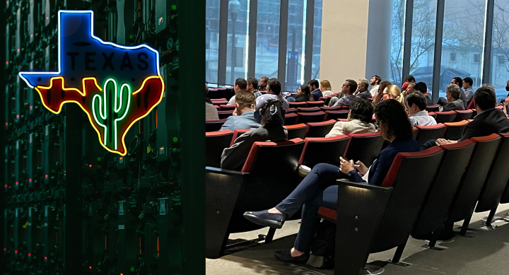 decorative photo collage including a neon sign shaped like Texas with a cactus, images of servers, and a photo of people sitting in an auditorium