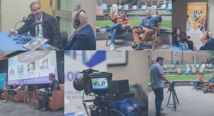 Alt text: A six-image grid showing podcasting, broadcasting, and public speaking: people recording interviews with microphones, a camera on a tripod, a conference panel, and a videographer filming an audience.