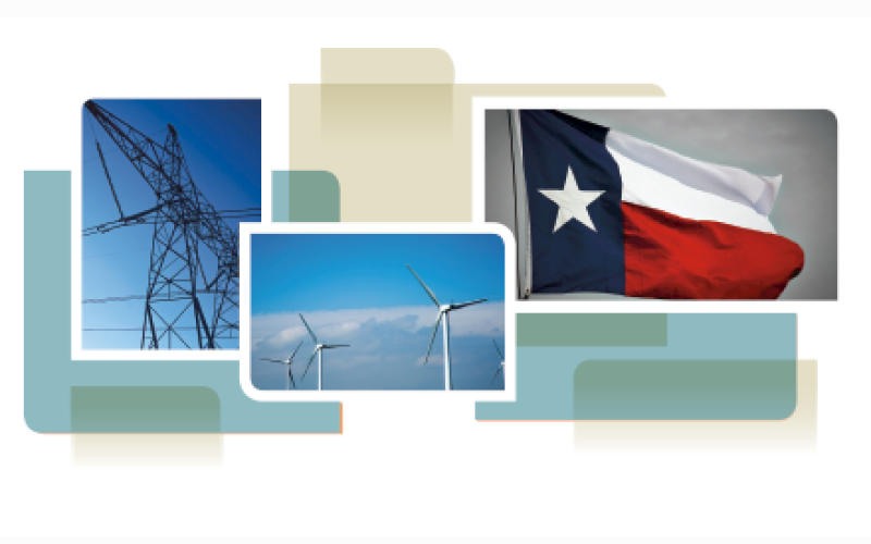 photo collage from cover of white paper, showing transmission tower, wind turbines and Texas state flag