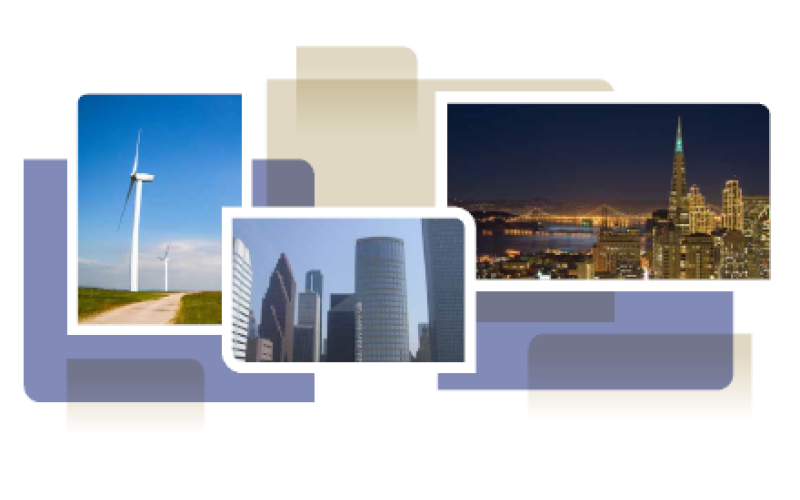 photo collage from cover of white paper, showing wind turbines, skyscrapers, and  city skyline at night