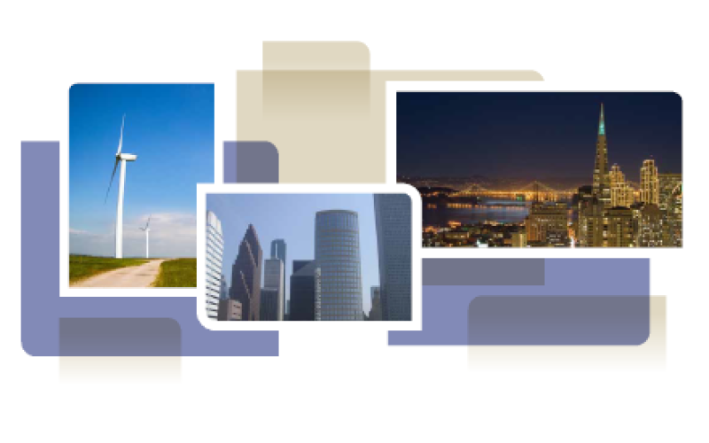 photo collage from cover of white paper, showing wind turbines, skyscrapers, and city skyline at night